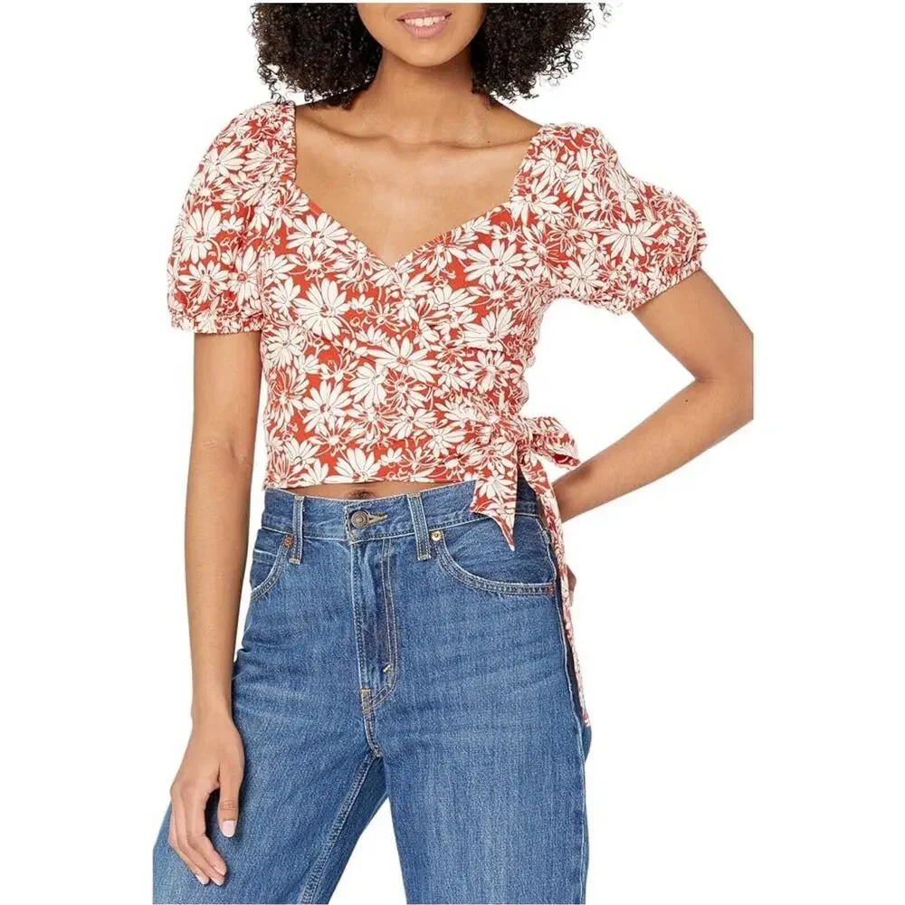 Madewell Anita Abstract Floral Linen Wrap Puff Sleeve Top XS Roasted Squash Red
